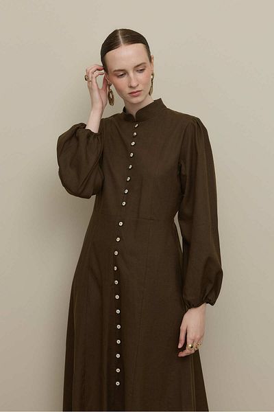 Fahhar Britli Lyocell Linen Dress Brown