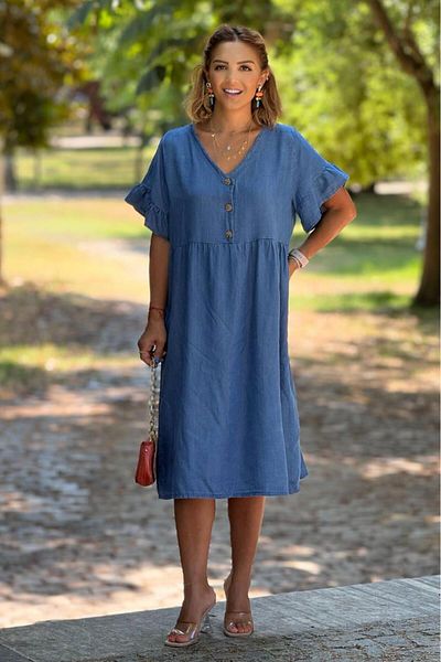 Nevin Kaya Moda Slim Denim Dress with Ruffled Sleeves