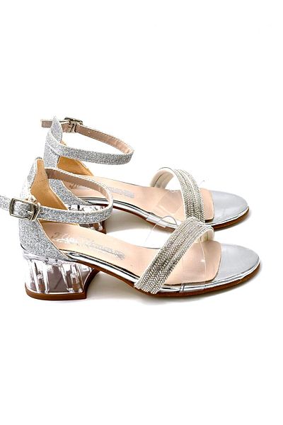 KİNDEP Kindep Stone Piping Detailed Heeled Girls' Evening Dress Shoes Silver