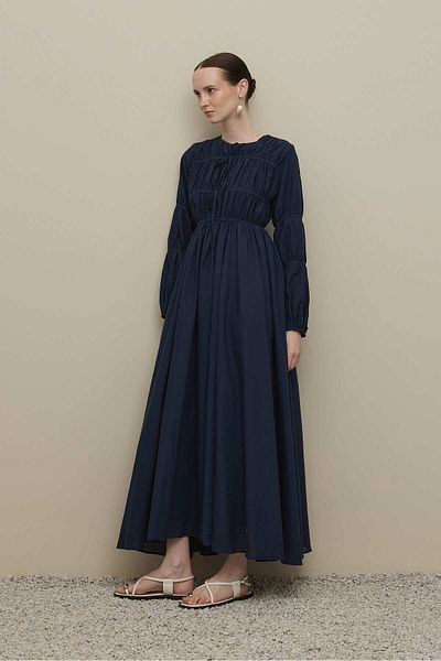 Fahhar Gathered Detailed Piping Tied Dress Navy Blue