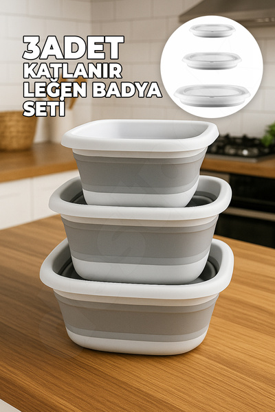 Destpak 3'lü Katlanır Leğen, Katlanabilir Akordiyon Badya - Mutfakta Banyoda Çok Fonksiyonlu