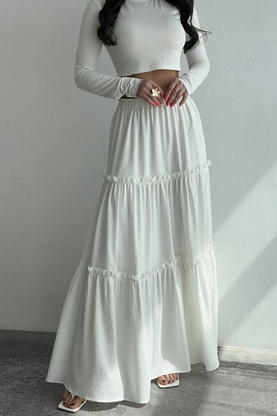 MODAGEN Women's White Pleated Layered Maxi Skirt with Elastic Waist