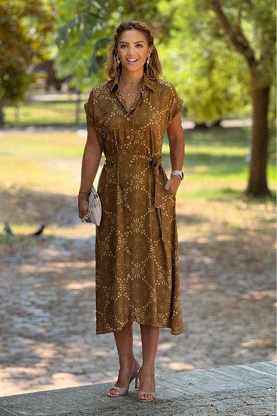 Nevin Kaya Moda Mustard Belted Buttoned Shirt Dress