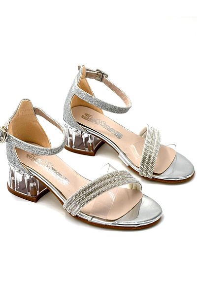 KİNDEP Kindep Stone Piping Detailed Heeled Girls' Evening Dress Shoes Silver