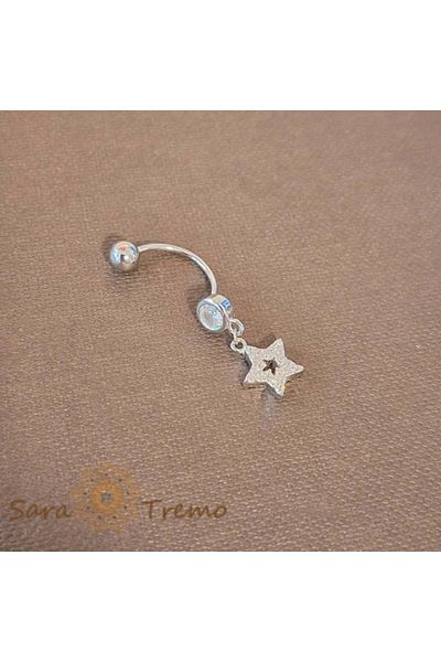 saratremo Navel Piercing 925 Silver with Star and White Zirconia Crystals, 3 cm, Thin Bar