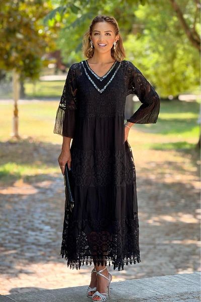 Nevin Kaya Moda Μαύρο Παγιέτες Dolce Notte Ruched 100% Βαμβακερό Ιταλικό Φόρεμα