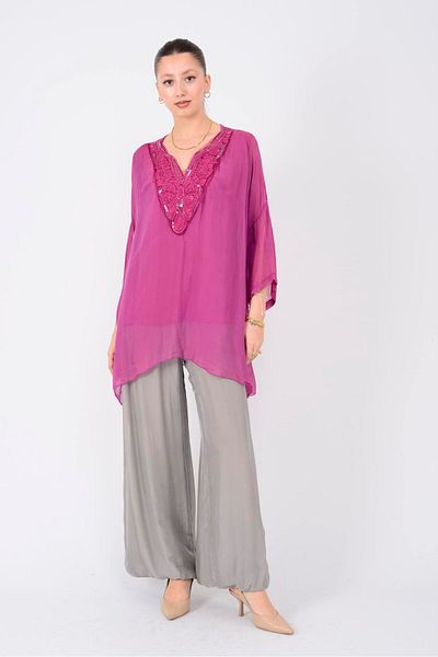 Park Moda 9446 Lace Detail V-Necklace Silk Bluz