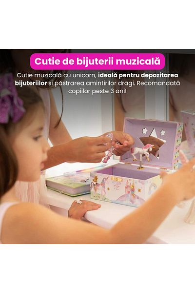 BRAGUS Cutie muzicala pentru depozitarea bijuteriilor, pentru copii cu varsta de peste 3 ani, interior mov