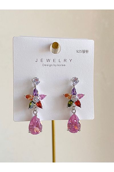 Çelik Colored Zircon Stone Dangle Flower Earrings