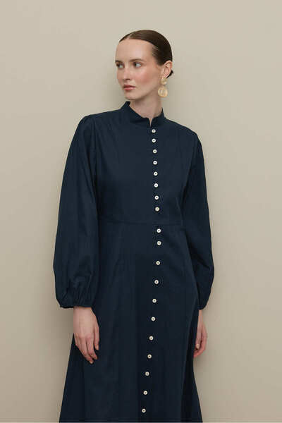 Fahhar Britli Lyocell Linen Dress Navy Blue