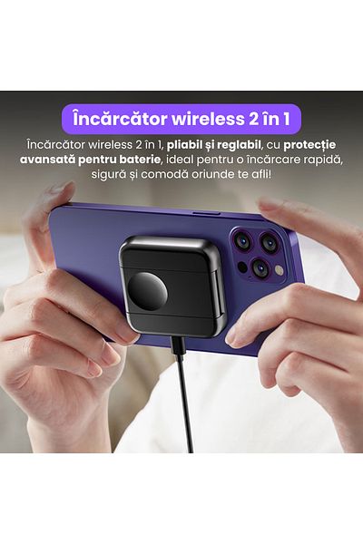 BRAGUS Incarcator Wireless 2in1, Pliabil, Magsafe Puternic, Compatibil Iphone, Apple Watch, Airpods, Negru
