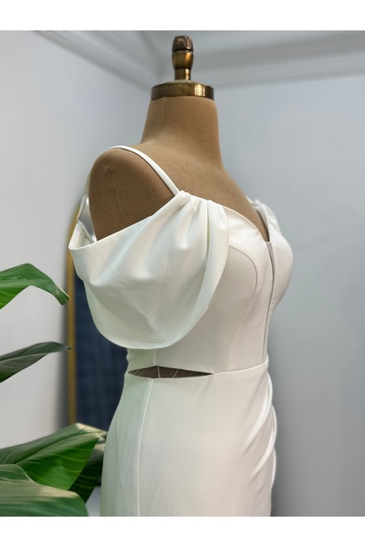 E&A Eren Abiye KADIN BEYAZ ASKILI AY KOL KREP ELBİSE