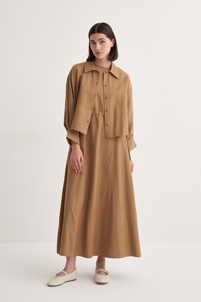 EBU Prive Kadın Cupra Dökümlü Pamuklu Elbiseli Takım Camel