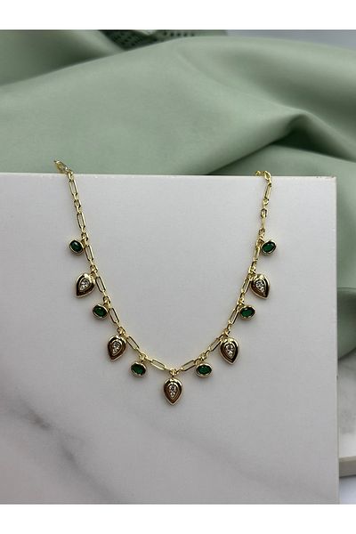 Duéra Gold Gold Green Zircon Stone Melis Göral Brand Model Design Steel Necklace