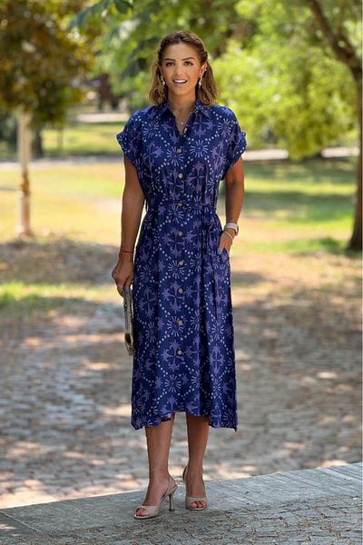 Nevin Kaya Moda Purple Belted Button Shirt Dress