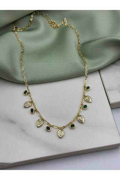 Duéra Gold Gold Green Zircon Stone Melis Göral Brand Model Design Steel Necklace