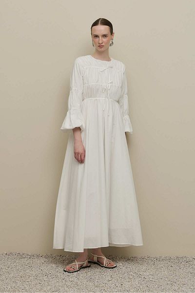 Fahhar Drawstring Detailed Piping Tied Dress Ecru