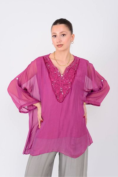 Park Moda 9446 Lace Detail V-Necklace Silk Bluz