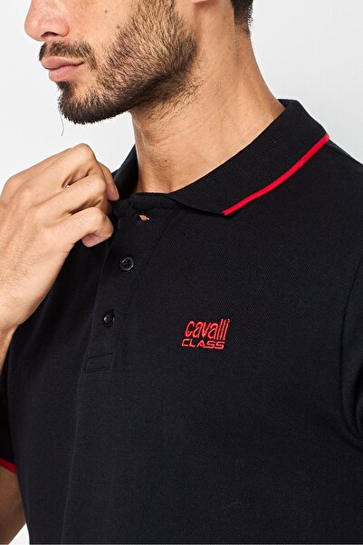 Cavalli Class Men Regular Fit Short Sleeve Brand Logo Polo Shirt, Black