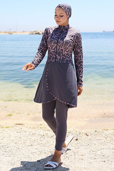 hafsamina Lycra Patterned Skirt Full Covered Swimsuit Smoked Hm2789