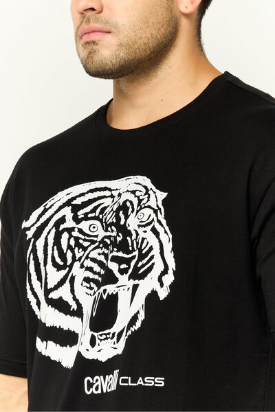 Cavalli Class Men Crew Neck Short Sleeves Graphic Print T-Shirt, Black