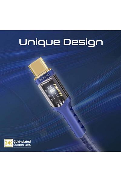 Promate Ultra-Fast 100W USB-C Power Delivery Cable with Clear Tips for an Unparalleled Charging Experience