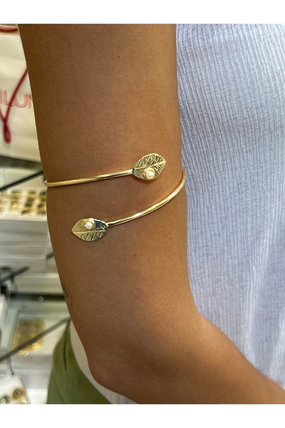 shop Gold İnci Detaylı Yaprak Üst Kol Kelepçesi Arm Cuff