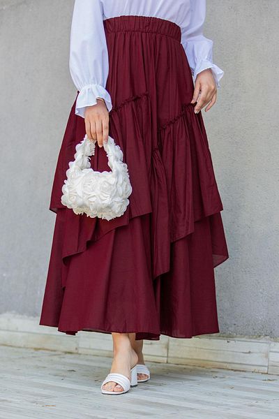 Tesettür Çarşım Emsy Cotton Voile Lined Layered Skirt-Claret Red