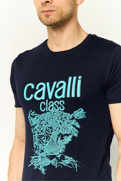 Cavalli Class Men Crew Neck Short Sleeves Brand Logo T-Shirt, Navy