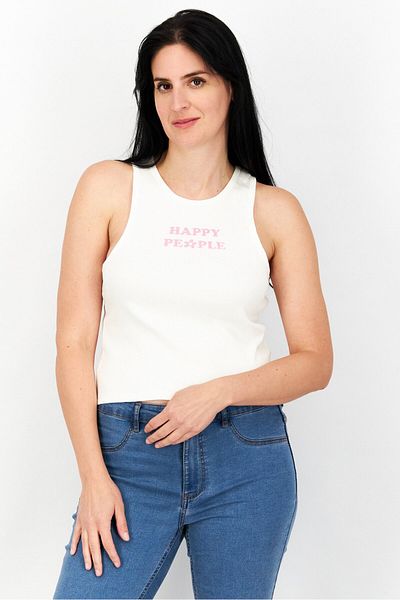 Sinsay Women Round Neck Sleeveless Printed Tank Top, Off White