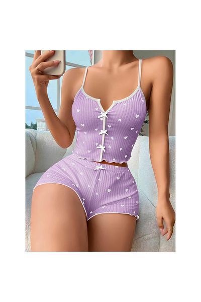 Findit White Heart Patterned Suspender Shorts Pajama Set on Lilac Top