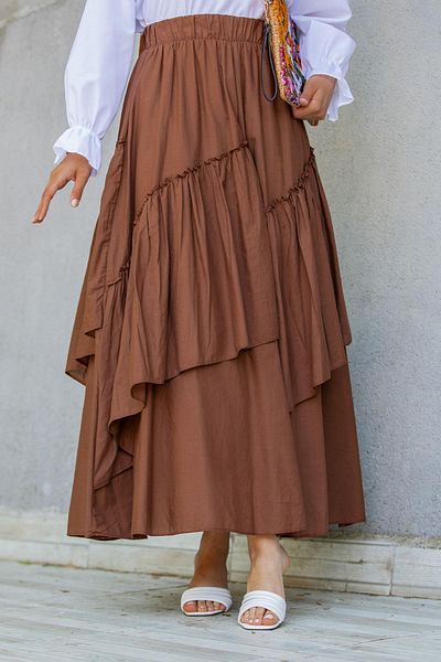 Tesettür Çarşım Emsy Cotton Voile Lined Layered Skirt-Brown