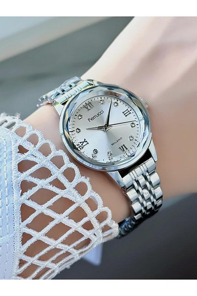 Ferrucci Milano Women's Wrist Watch - Cutout Glass Stone Dial, Stylish Metal Band