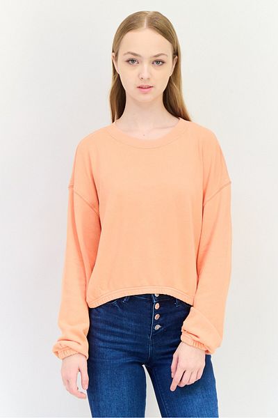 aerie Women Crew Neck Plain Long Sleeve Crop Sweatshirt, Orange