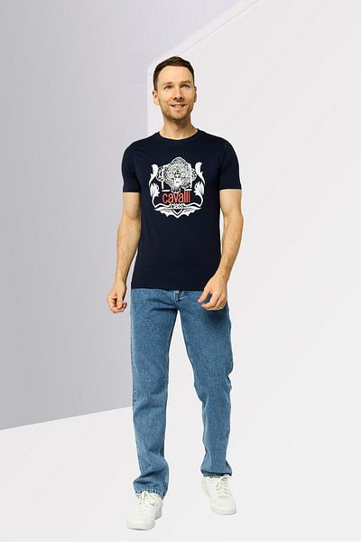 Cavalli Class Men Crew Neck Short Sleeves Graphic Print T-Shirt, Navy