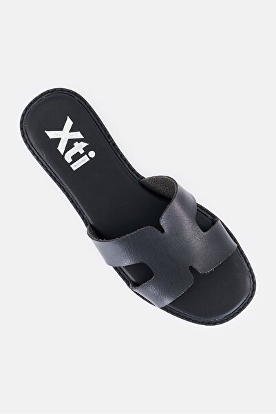 XTI Women Slip On Leather Sandals, Black