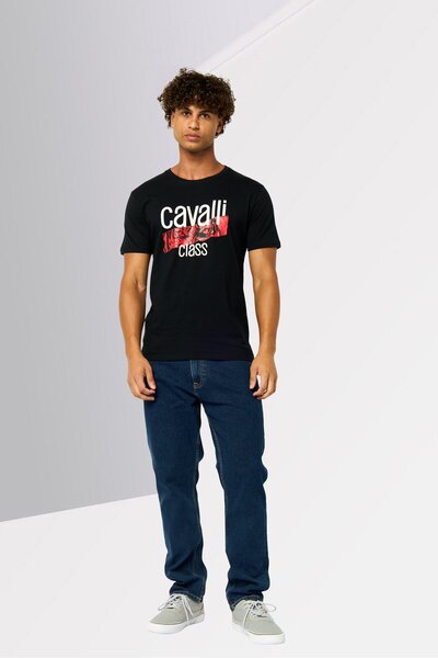 Cavalli Class Men Crew Neck Short Sleeves Graphic Print T-Shirt, Black