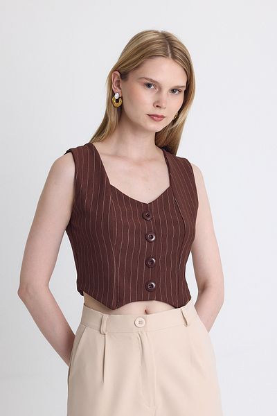 Rays Coffee Striped V-Neck Buttoned Crop Vest with Cuff Detail 4288A