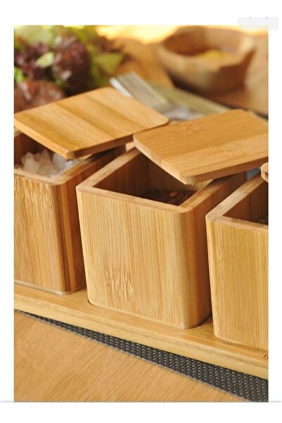 SERAMİKCİ Set of 3 Bamboo Storage Containers with Lids |   Natural Wooden Stand