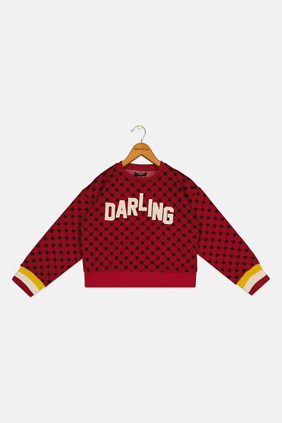 Overkids Kids Girl Crew Neck Long Sleeves Embroidered Sweatshhirt, Red