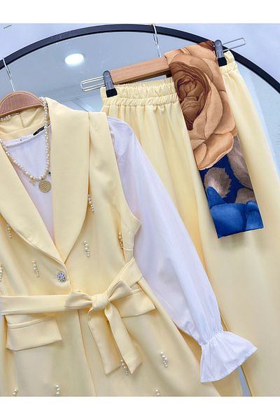 YEDİLALE Pearl Embroidered Vest Pants Double Set [Including Jacket,Pants, Sash in Price]]