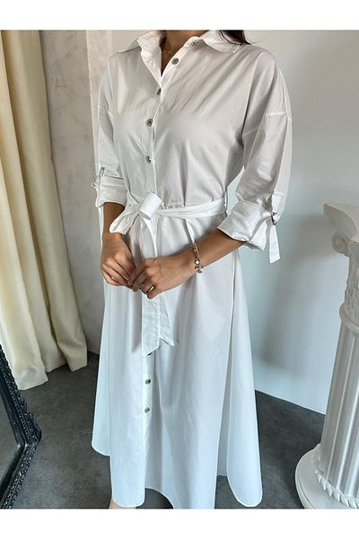 TREND KOMBİN Rochie cămașă din poplin cu nasturi ecru