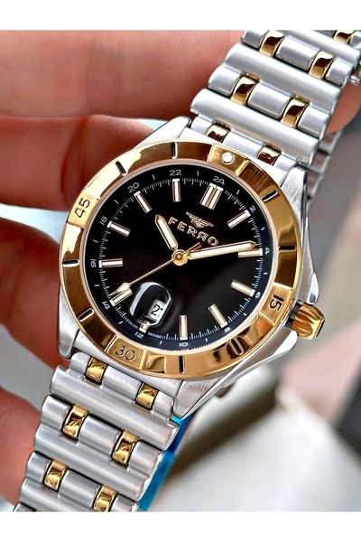 FERRO Altın Gümüş Renk Çelik Kasa Kordon Orjinal Erkek Kol Saati + BİLEKLİK
