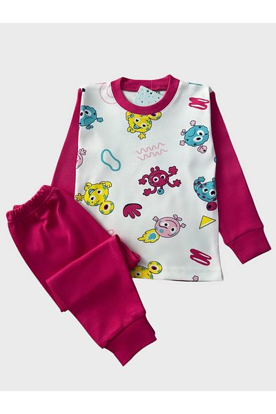 Pajama Shop Girls' 100% Cotton Fabric White Emoji Figures Patterned Pink Collar Long Sleeve Winter Pajamas Set