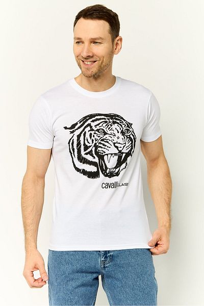 Cavalli Class Men Crew Neck Short Sleeves Graphic Print T-Shirt, White