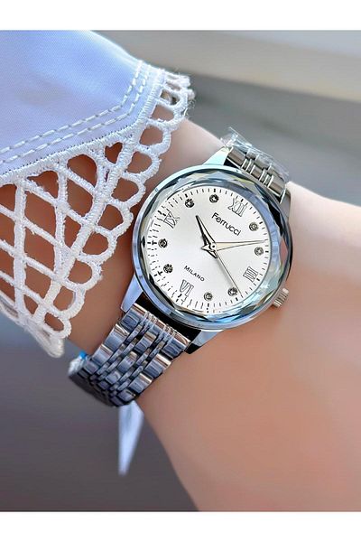 Ferrucci Milano Women's Wrist Watch - Cutout Glass Stone Dial, Stylish Metal Band