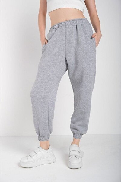 ROYAL FASHİON Women's Gray Solid Color Elasticized Oversize Sweatpants