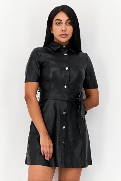 Don't Call Me Jennyfer Women Plain Leather Belted Mini Casual Dress, Black