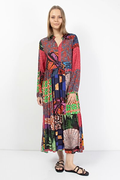 İndigo Blue Rengarenk Desenli Uzun Patchwork Kadın Elbise