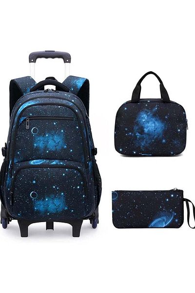 huitich 6-Wheel Trolley Backpack 3-Piece Set Black and Blue